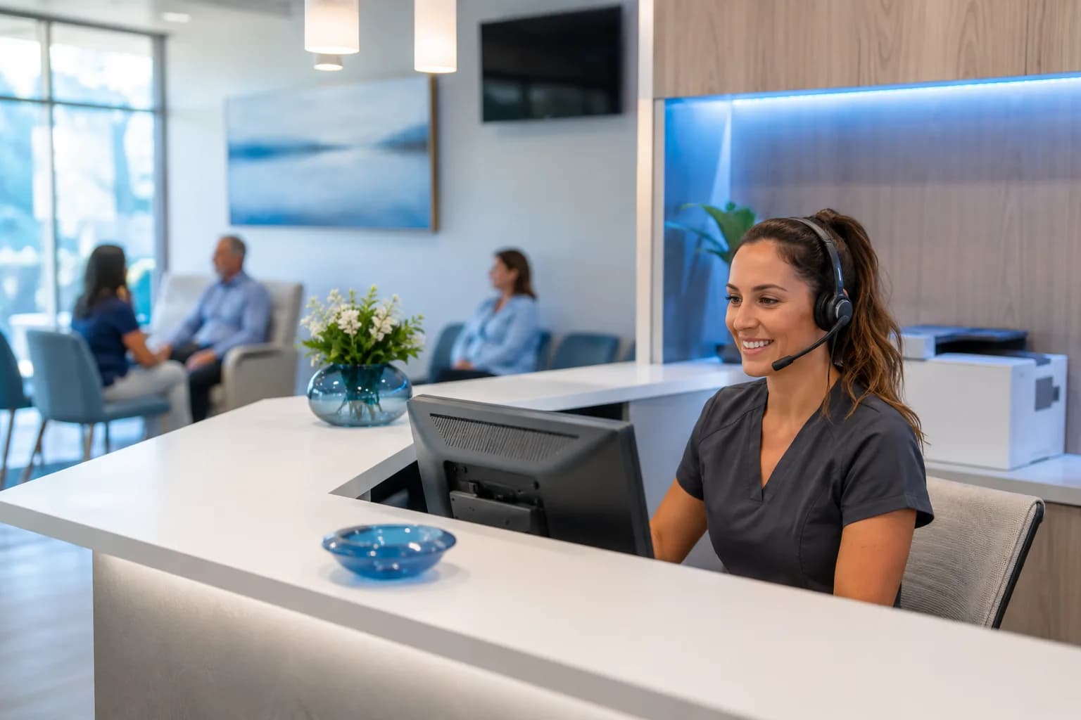 Modern medical office reception with a receptionist wearing a headset