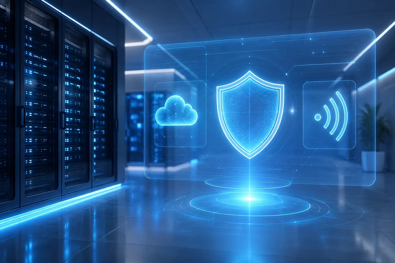 Server room with holographic cloud, security shield and communications icons